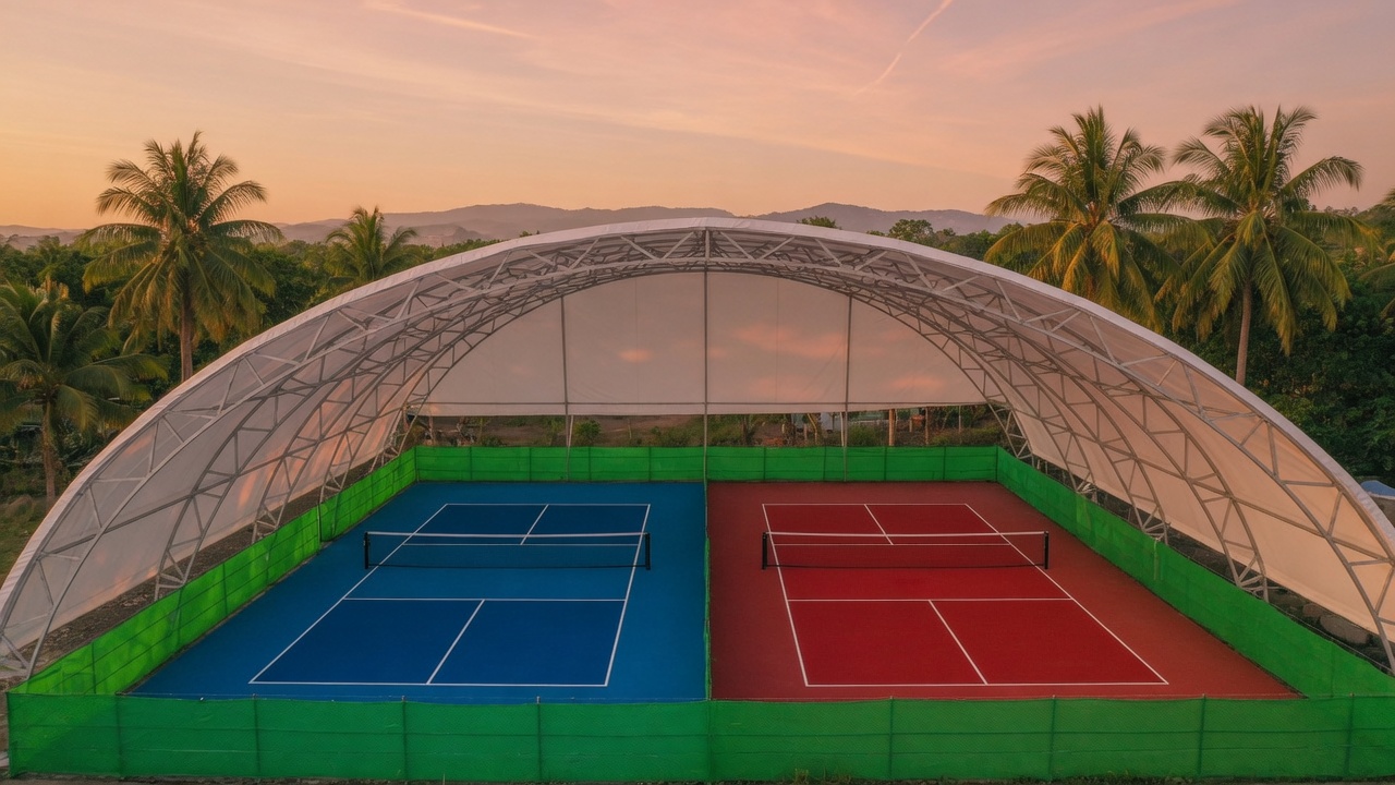 Arc-dome mega tent covering a pickleball court