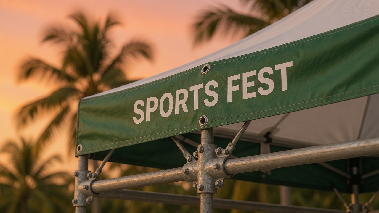 Direct-print SPORTS FEST valance on a deployed tent